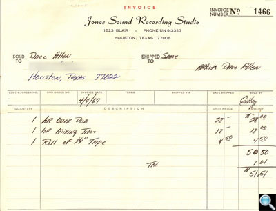 Jones Recording Studio Invoice